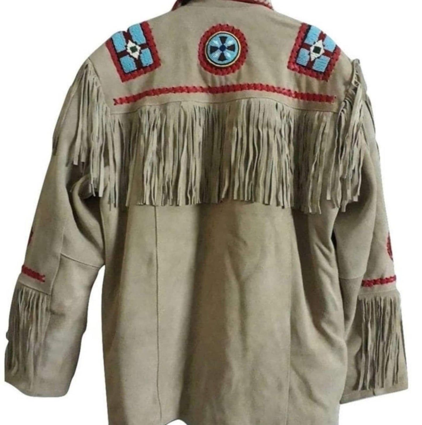 Men Traditional Beige Suede Handmade Braided Beads Crafted Men's Western Jacket - Beige Leather Jacket Cowboy Leather Jacket , Gifts For Men