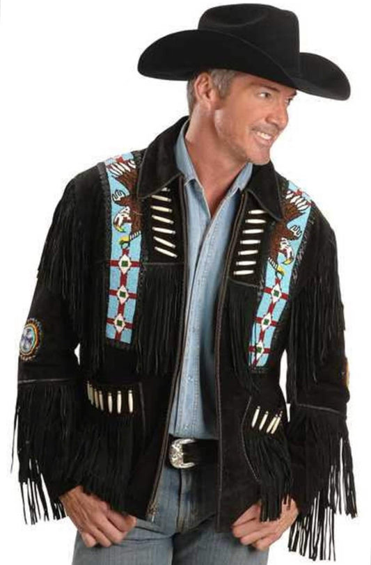 Black Suede Handmade Braided Beads Crafted Men's Western Jacket - Black Leather Men Jacket Cowboy Leather Jacket , Gifts For Men