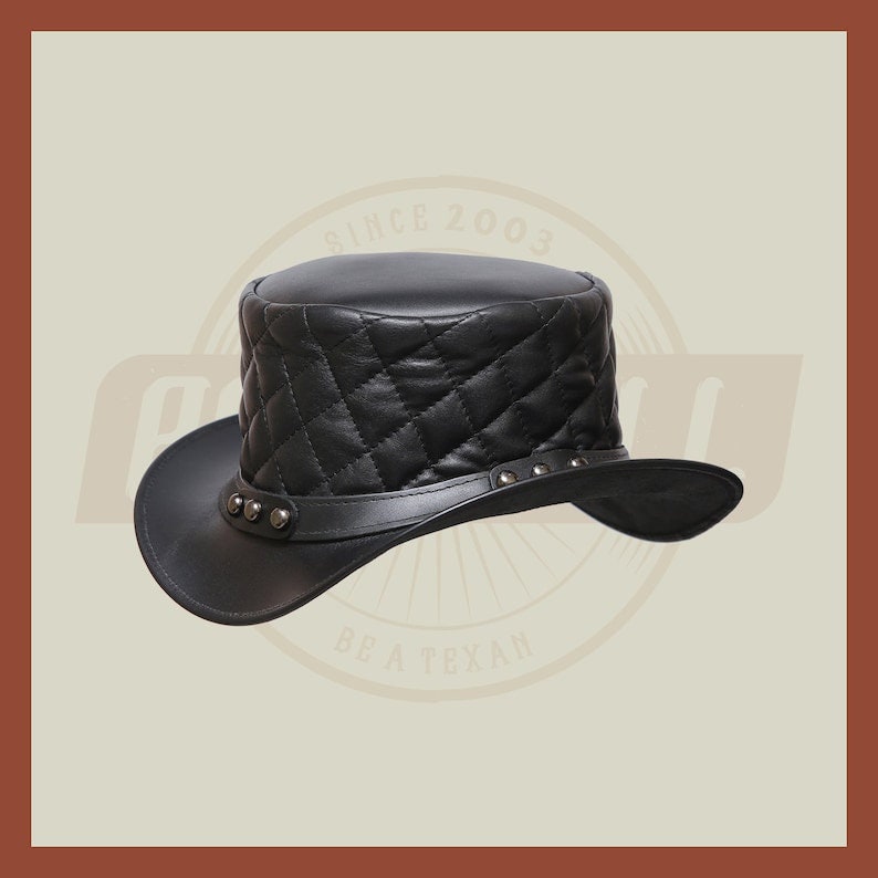 Men’s Leather Steampunk Plain Motorcycle Side Bead Band Biker Quilted Top Hat- Black Leather Hat, Leather Top Hat