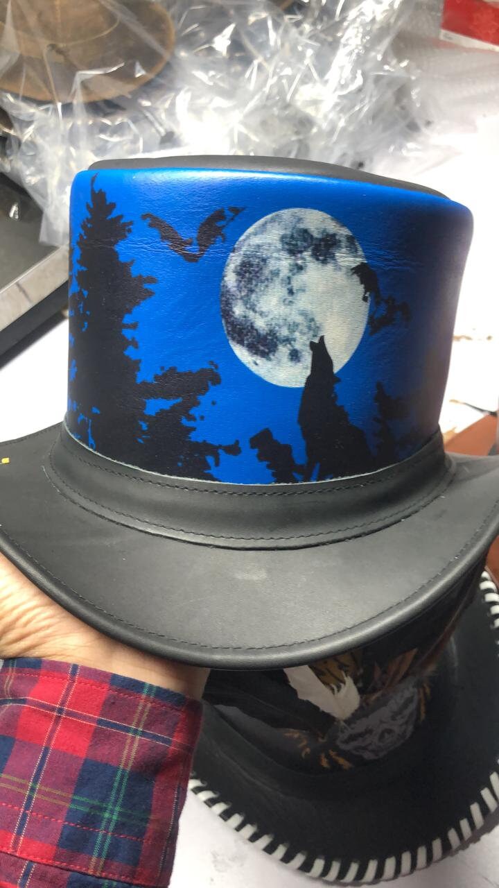 Halloween Wolf Night Steampunk Black Leather Top hat Biker Motorcycle Rider Gothic Hat